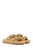 Women's Beige Straw Stone Slippers | Derimod Women's Beige Straw Stone Slippers | Derimod