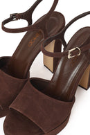 Women's Brown Ankle Buckle Platform High Heel Suede Leather Sandals | Derimod Women's Brown Ankle Buckle Platform High Heel Suede Leather Sandals | Derimod