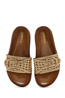Women's Gold Buckled Straw Leather Slippers | Derimod Women's Gold Buckled Straw Leather Slippers | Derimod