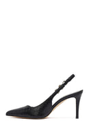 Woman Black Buckled Open Back Patterned Thin Heel Leather Shoe | Derimod Woman Black Buckled Open Back Patterned Thin Heel Leather Shoe | Derimod