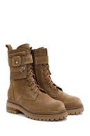 Women's Brown Zippered Suede Leather Combat Boots | Derimod Women's Brown Zippered Suede Leather Combat Boots | Derimod