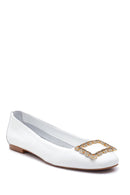 Women's White Leather Ballerinas with Stone Buckle | Derimod Women's White Leather Ballerinas with Stone Buckle | Derimod