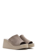 Women's Gray Wedge Heeled Suede Leather Slippers | Derimod Women's Gray Wedge Heeled Suede Leather Slippers | Derimod