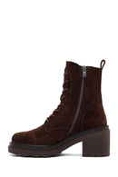 Women's Brown Zippered Thick Heeled Suede Leather Ankle Boots | Derimod Women's Brown Zippered Thick Heeled Suede Leather Ankle Boots | Derimod