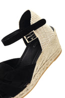 Women's Black Ankle Strap Wedge Heel Suede Leather Espadrille Sandals | Derimod Women's Black Ankle Strap Wedge Heel Suede Leather Espadrille Sandals | Derimod