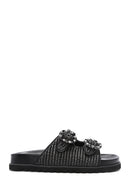 Women's Black Straw Stone Slippers | Derimod Women's Black Straw Stone Slippers | Derimod