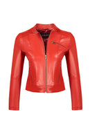 Kylie Woman Red Stand Collar Short Leather Jacket | Derimod Kylie Woman Red Stand Collar Short Leather Jacket | Derimod