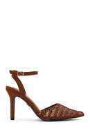 Women's Bronze Ankle Buckle Open Back Rhinestone High Thin Heel Shoes | Derimod Women's Bronze Ankle Buckle Open Back Rhinestone High Thin Heel Shoes | Derimod