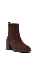 Woman Brown Chunky Heel Suede Leather Boat | Derimod Woman Brown Chunky Heel Suede Leather Boat | Derimod