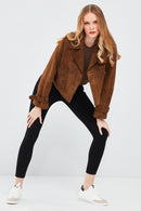 Tracy Women's Brown Short Suede Leather Coat | Derimod Tracy Women's Brown Short Suede Leather Coat | Derimod