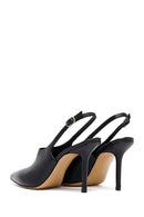 Woman Black Buckled Slingback High Thin Heel Leather Shoe | Derimod Woman Black Buckled Slingback High Thin Heel Leather Shoe | Derimod