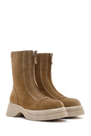 Women's Tan Suede Leather Zippered Thick Soled Casual Boots | Derimod Women's Tan Suede Leather Zippered Thick Soled Casual Boots | Derimod