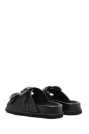 Women's Black Straw Stone Slippers | Derimod Women's Black Straw Stone Slippers | Derimod