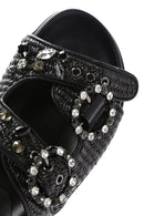 Women's Black Straw Stone Slippers | Derimod Women's Black Straw Stone Slippers | Derimod