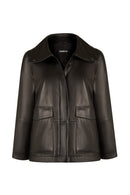 Florida-X Woman Black A-Line Leather Jacket | Derimod Florida-X Woman Black A-Line Leather Jacket | Derimod