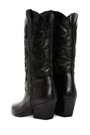 Women's Black Thick Heeled Leather Cowboy Boots | Derimod Women's Black Thick Heeled Leather Cowboy Boots | Derimod