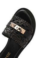 Women's Black Knit Leather Slippers | Derimod Women's Black Knit Leather Slippers | Derimod