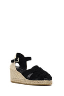 Women's Black Ankle Strap Wedge Heel Suede Leather Espadrille Sandals | Derimod Women's Black Ankle Strap Wedge Heel Suede Leather Espadrille Sandals | Derimod