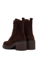 Women's Brown Zippered Thick Heeled Suede Leather Ankle Boots | Derimod Women's Brown Zippered Thick Heeled Suede Leather Ankle Boots | Derimod