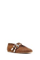 Women's Tan Double Buckled Suede Leather Ballerinas | Derimod Women's Tan Double Buckled Suede Leather Ballerinas | Derimod