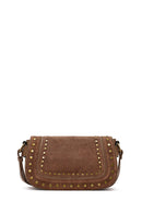 Woman Tan Long-Strap Studded Suede Crossbody Bag | Derimod Woman Tan Long-Strap Studded Suede Crossbody Bag | Derimod