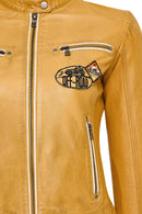 Champs Women's Yellow Embroidered Short Leather Jacket | Derimod Champs Women's Yellow Embroidered Short Leather Jacket | Derimod