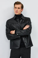 Enzo Men's Black Shirt Collar Leather Jacket | Derimod Enzo Men's Black Shirt Collar Leather Jacket | Derimod