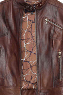 Kylie Women's Brown Mandarin Collar Leather Jacket | Derimod Kylie Women's Brown Mandarin Collar Leather Jacket | Derimod