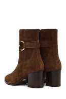 Women's Tan Zippered Thick Heeled Suede Leather Boot | Derimod Women's Tan Zippered Thick Heeled Suede Leather Boot | Derimod