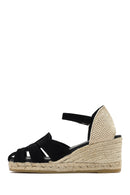 Women's Black Ankle Strap Wedge Heel Suede Leather Espadrille Sandals | Derimod Women's Black Ankle Strap Wedge Heel Suede Leather Espadrille Sandals | Derimod