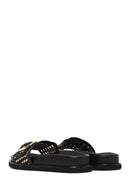 Women's Black Buckled Straw Leather Slippers | Derimod Women's Black Buckled Straw Leather Slippers | Derimod