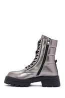 Women's Grey Zippered Metallic Leather Combat Boots | Derimod Women's Grey Zippered Metallic Leather Combat Boots | Derimod