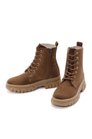 Women's Tan Suede Thick Soled Zippered Boots | Derimod Women's Tan Suede Thick Soled Zippered Boots | Derimod