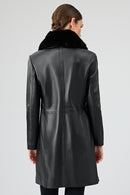Christina Women's Black Fur Long Leather Coat | Derimod Christina Women's Black Fur Long Leather Coat | Derimod