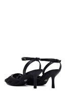 Woman Black Ankle-Buckle Floral Embroidered Open-Back Thin High Heel | Derimod Woman Black Ankle-Buckle Floral Embroidered Open-Back Thin High Heel | Derimod