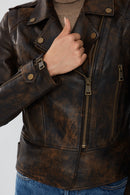 Newyork Women's Brown Vintage Biker Leather Jacket | Derimod Newyork Women's Brown Vintage Biker Leather Jacket | Derimod