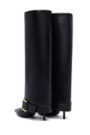 Women's Black Buckled Thin Heeled Leather Boot | Derimod Women's Black Buckled Thin Heeled Leather Boot | Derimod