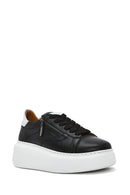 Women's Black Zippered Lace-Up Thick-Sole Leather Sneakers | Derimod Women's Black Zippered Lace-Up Thick-Sole Leather Sneakers | Derimod