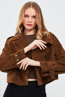 Tracy Women's Brown Short Suede Leather Coat | Derimod Tracy Women's Brown Short Suede Leather Coat | Derimod