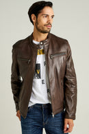 Demar Men's Brown Slim-Fit Leather Jacket | Derimod Demar Men's Brown Slim-Fit Leather Jacket | Derimod