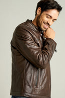Demar Men's Brown Slim-Fit Leather Jacket | Derimod Demar Men's Brown Slim-Fit Leather Jacket | Derimod