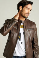 Demar Men's Brown Slim-Fit Leather Jacket | Derimod Demar Men's Brown Slim-Fit Leather Jacket | Derimod