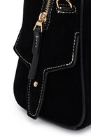 Woman Black Long-Strap Suede Shoulder Bag | Derimod Woman Black Long-Strap Suede Shoulder Bag | Derimod