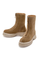 Women's Tan Suede Leather Zippered Thick Soled Casual Boots | Derimod Women's Tan Suede Leather Zippered Thick Soled Casual Boots | Derimod