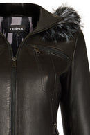 Audrey Woman Black Hooded Fur Leather Coats | Derimod Audrey Woman Black Hooded Fur Leather Coats | Derimod