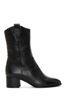 Women's Black Leather Cowboy Heeled Boots | Derimod Women's Black Leather Cowboy Heeled Boots | Derimod