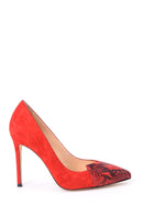 Women's Crocodile Detailed Suede Leather Stiletto | Derimod Women's Crocodile Detailed Suede Leather Stiletto | Derimod