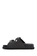 Women's Black Straw Stone Slippers | Derimod Women's Black Straw Stone Slippers | Derimod
