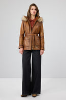 Donatella Women's Camel Belted Hooded Leather Coat | Derimod Donatella Women's Camel Belted Hooded Leather Coat | Derimod