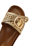 Women's Gold Buckled Straw Leather Slippers | Derimod Women's Gold Buckled Straw Leather Slippers | Derimod